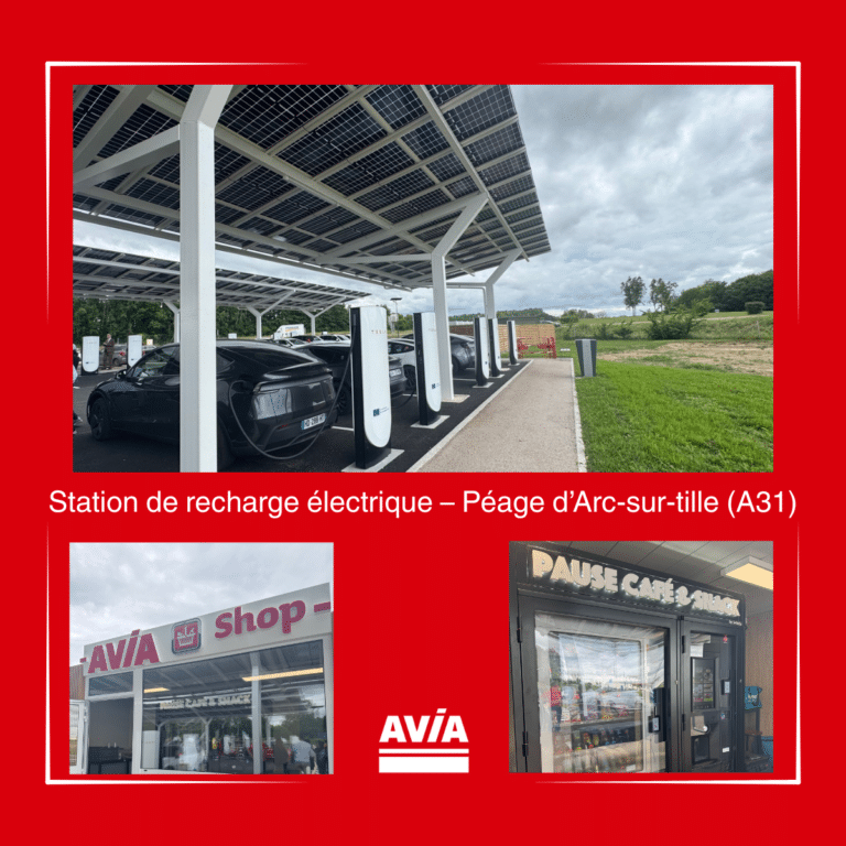 Sous ombrières photovoltaïques, notre station comportent 21 bornes, 24h/24 – 7j/7.             Metz <=> Beaune, sur l’A31, à la sortie N°4 d’Arc sur Tille
